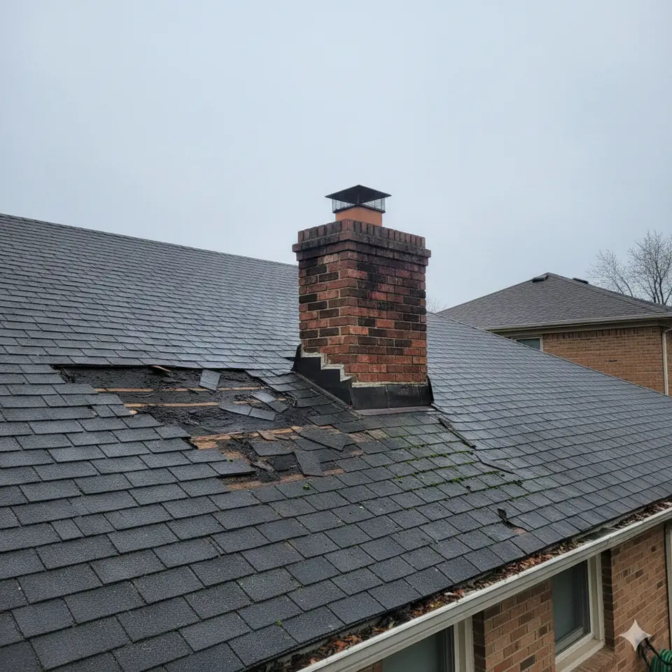 Damaged Shingles at a Chimney — St. Louis Leak Repair Guide Article illustration of damaged asphalt shingles around a brick chimney