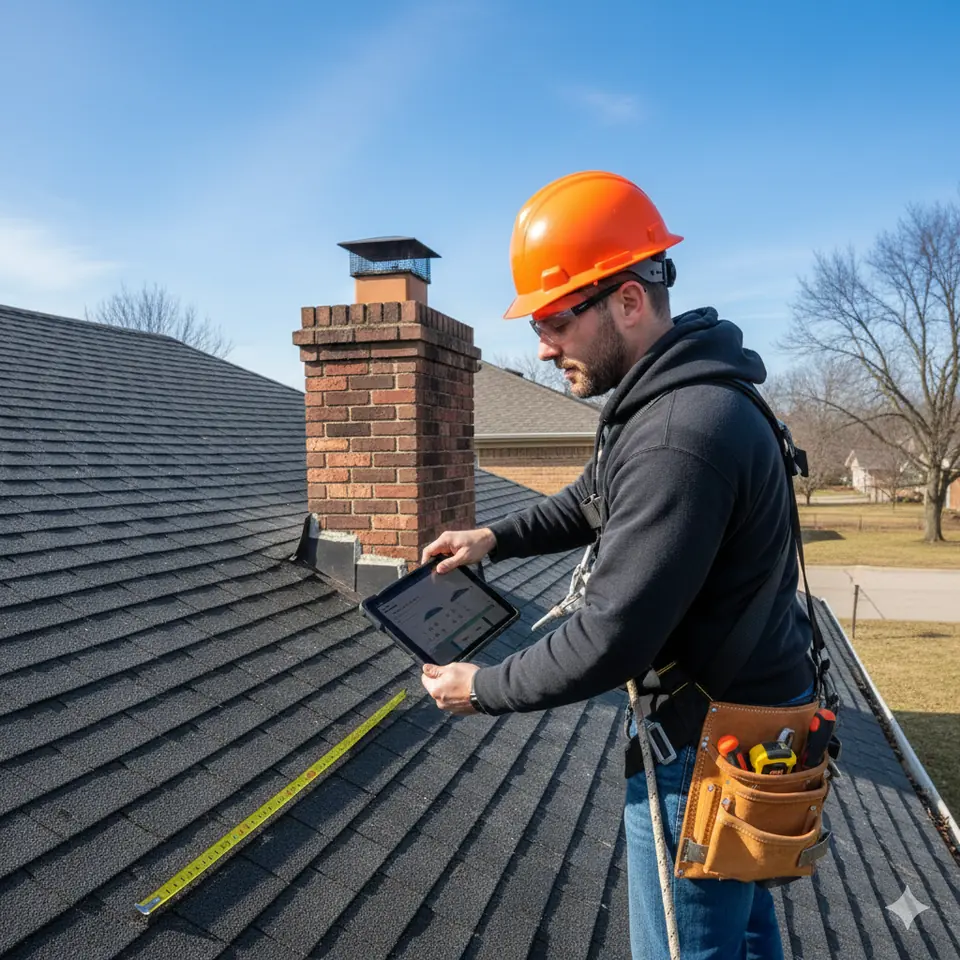 Chimney Flashing Inspection — St. Louis Leak Repair Guide Article illustration of a roofing worker inspecting chimney flashing with a tablet and tape measure