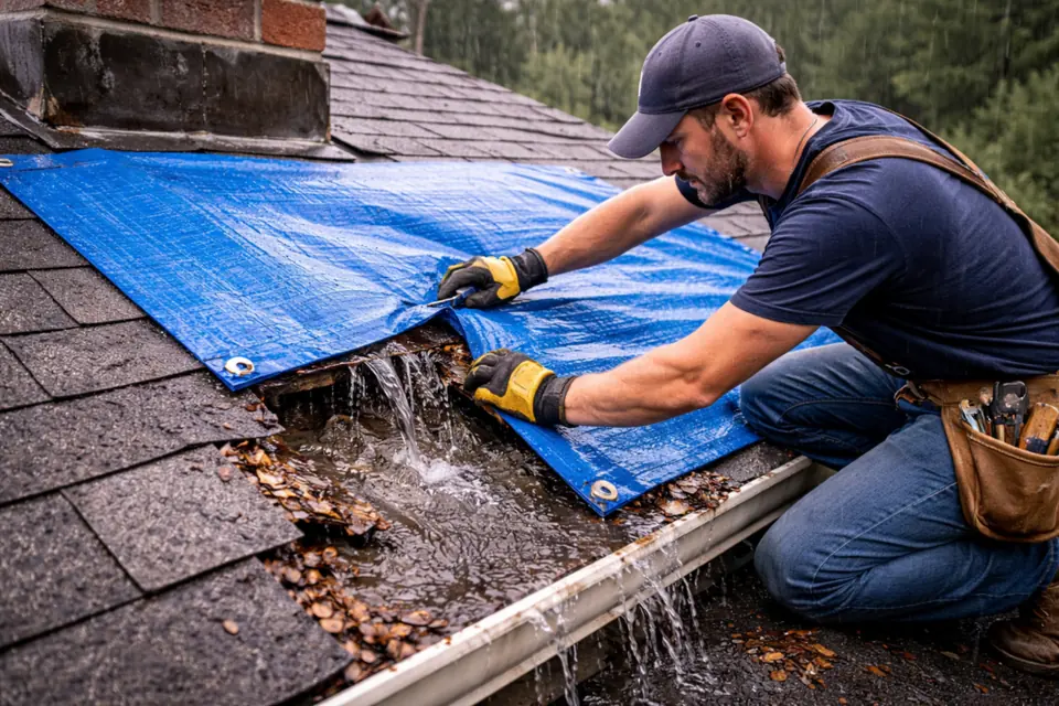 Temporary Roof Leak Weather Protection — St. Louis Leak Repair Guide Article illustration of a worker securing a blue tarp over an active roof leak near a chimney