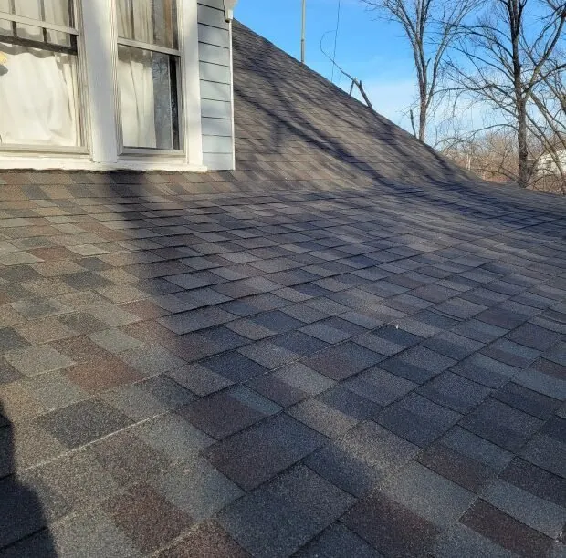 Asphalt Shingle Roof Surface — St. Louis Maintenance Guide Article illustration of an asphalt-shingle roof surface beside a white-sided wall transition