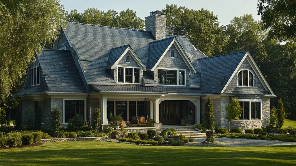 Designer Roof Profile — Missouri Shingle Guide Large residence with a dark slate-colored roof and multiple dormers