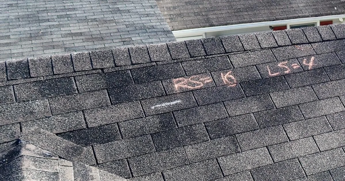Roof Shingle Inspection Detail — Missouri Shingle Guide Gray roof shingles with light chalk markings across the shingle surface